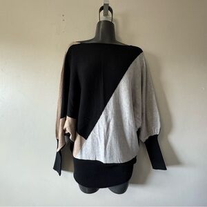 Joseph Black and Tan Crew Neck Sweater with Asymmetrical Design, Batwing sleeve
